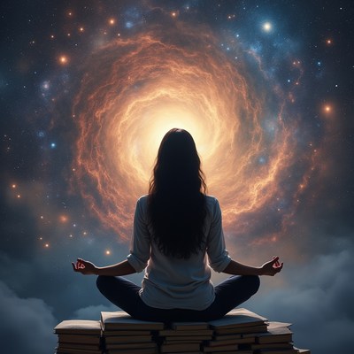 Woman meditating among books and stars