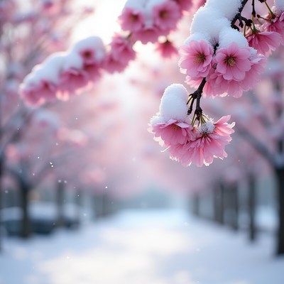 Cherry blossoms covered in snow
