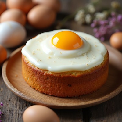 Egg cake on wooden table with fresh eggs