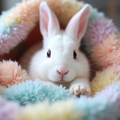 Cute white rabbit in colorful blanket