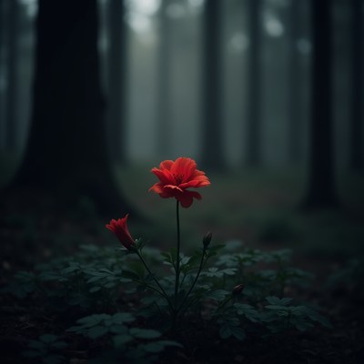Red flower in dark forest setting