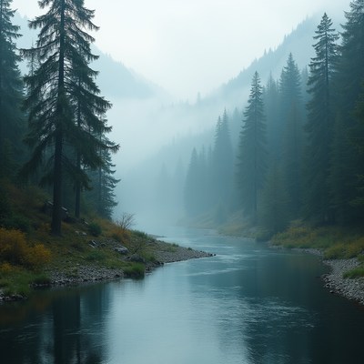 Foggy river in the mountains during morning