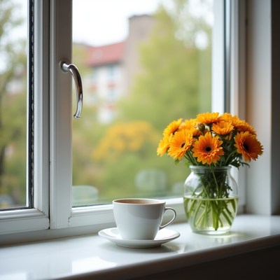 Flowers and coffee by the window