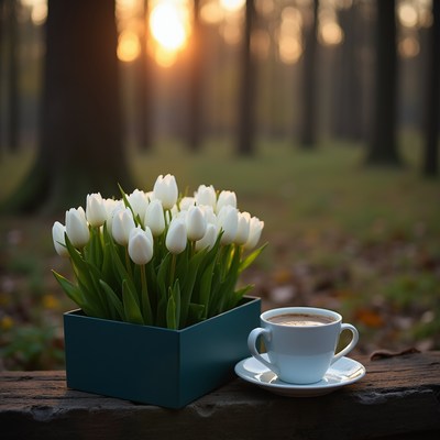 Morning coffee with flowers in sunlight