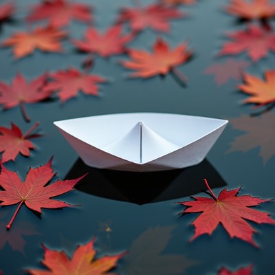 Paper boat floats among autumn leaves
