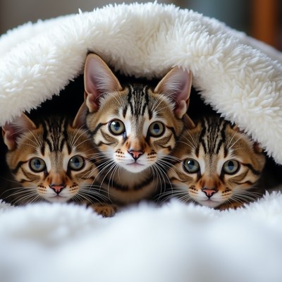 Three playful kittens under blanket