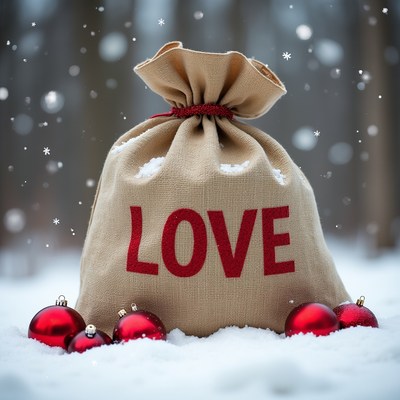 Gift bag in snow with decorations