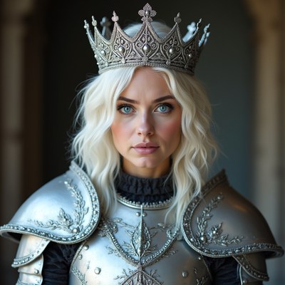 Woman in silver armor with crown