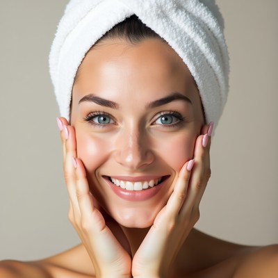 Woman smiling with towel on head