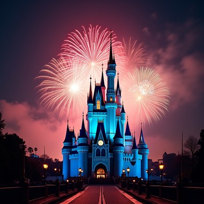 Fireworks over a castle at night
