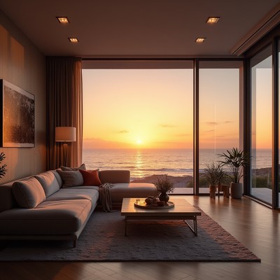 Sunset view from a modern living room