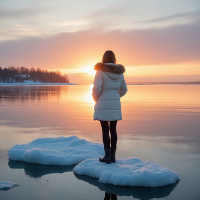 Woman stands on ice at sunset