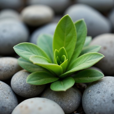 Green plant among gray stones