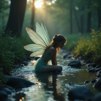 Fairy by the stream during sunset