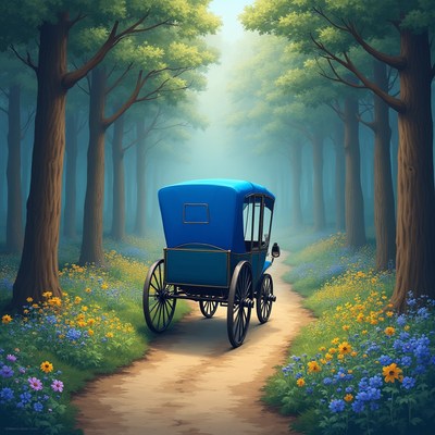 Horse-drawn carriage in forest path