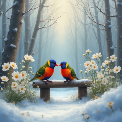 Colorful birds in winter woods