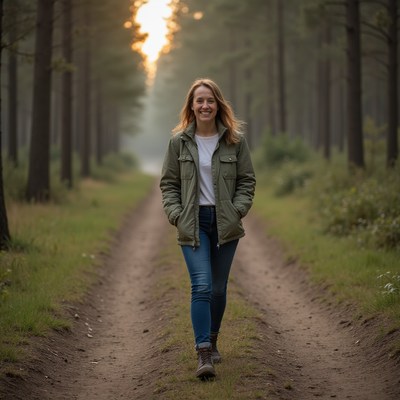 Woman walking on forest path