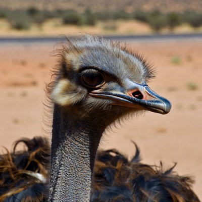 Ostrich head near desert road