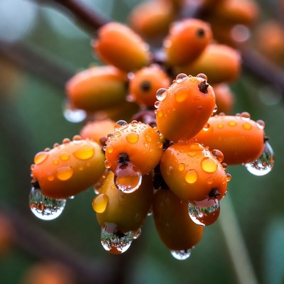 Close up of orange berries with raindrops