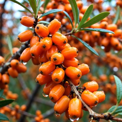 Bright orange sea buckthorn berries grow in nature