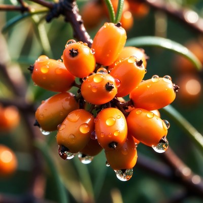 Sea buckthorn berries with water droplets