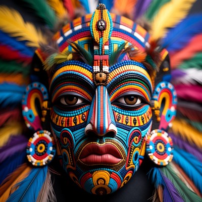 Colorful mask with feathers on display