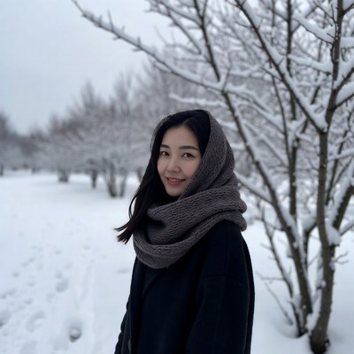 Woman walking in snowy landscape