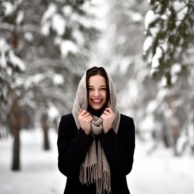 Woman smiling in snowy forest scene
