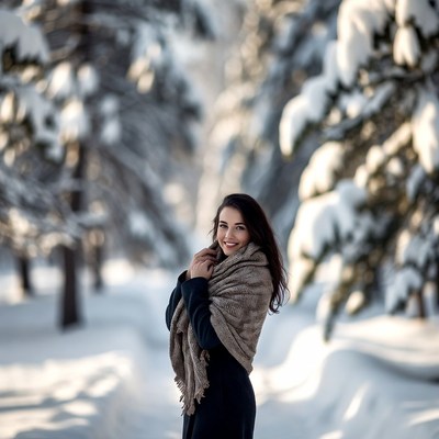 Woman in snowy forest smiles
