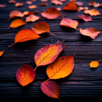 Autumn leaves scattered on wood