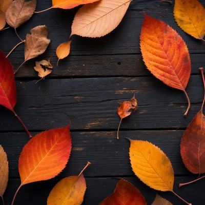 Colorful leaves on dark wood