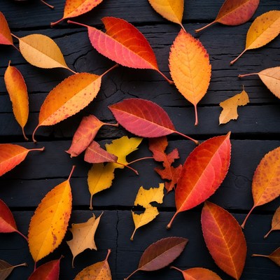 Colorful leaves on dark wood