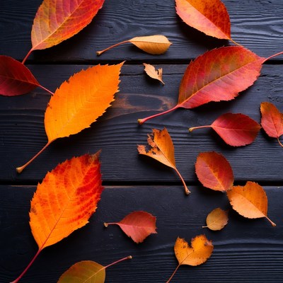 Autumn leaves on dark wooden table