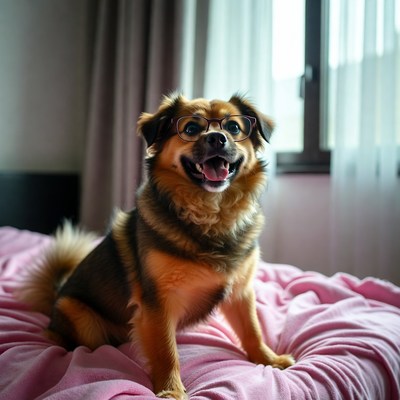 Dog wearing glasses on bed
