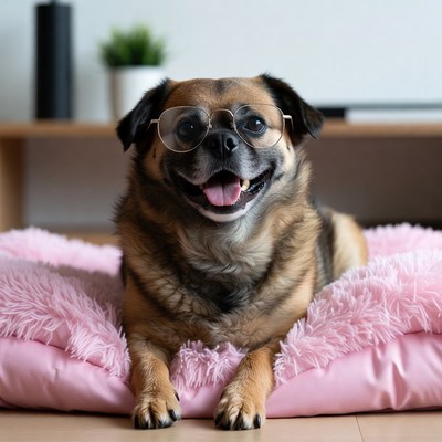 Happy dog wearing glasses indoors