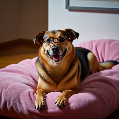 Dog wearing glasses on bed