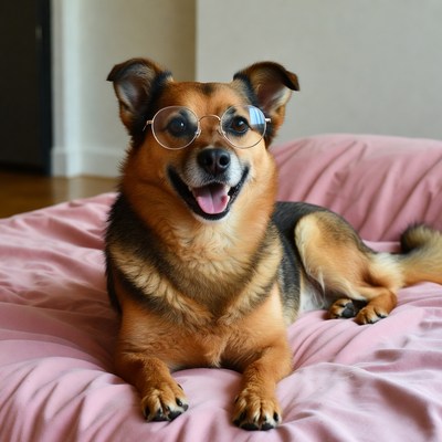 Dog wearing glasses on bed