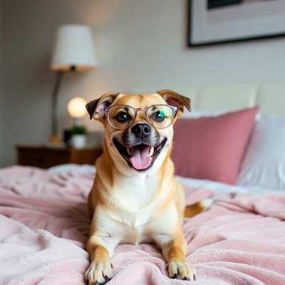Dog wearing glasses on a bed