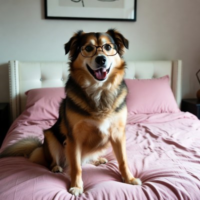 Dog wearing glasses sits on bed