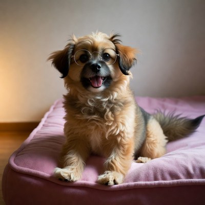 Dog wearing glasses on bed