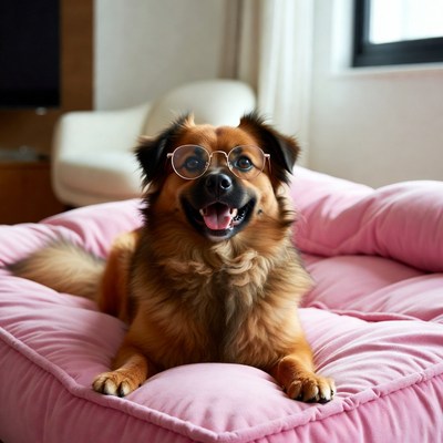 Dog with glasses on pink bed