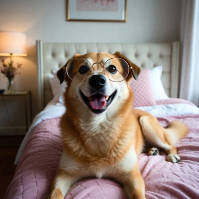 Dog wearing glasses in bedroom