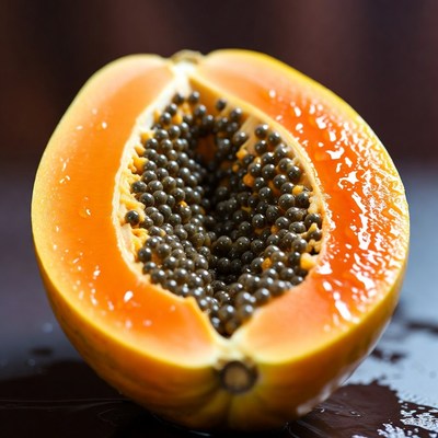 Papaya cut open on a table