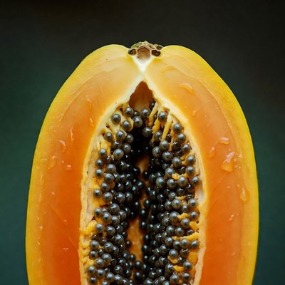 Sliced papaya showing seeds inside