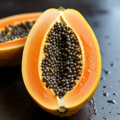 Fresh papaya cut in half on black surface