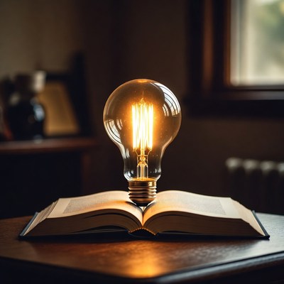 Light bulb placed on an open book