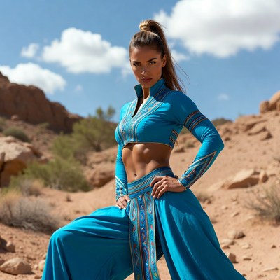 Woman in blue outfit in desert