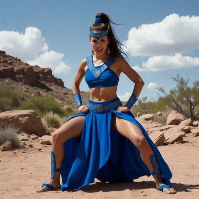 Woman in blue costume poses in desert