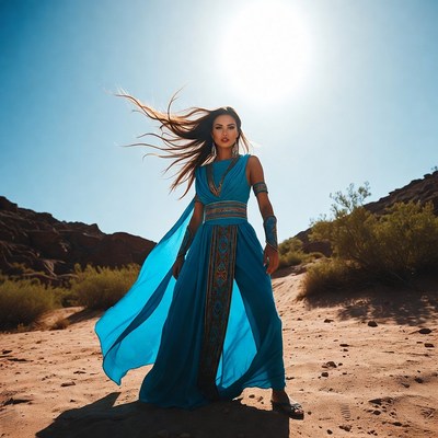 Desert model with flowing blue outfit
