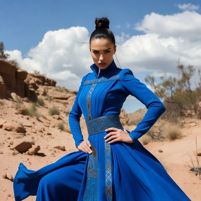 Woman in blue dress in desert